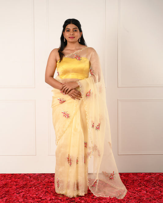 HUM – Butter Yellow Organza Saree with Floral Embroidery and Scalloped Pearl Border