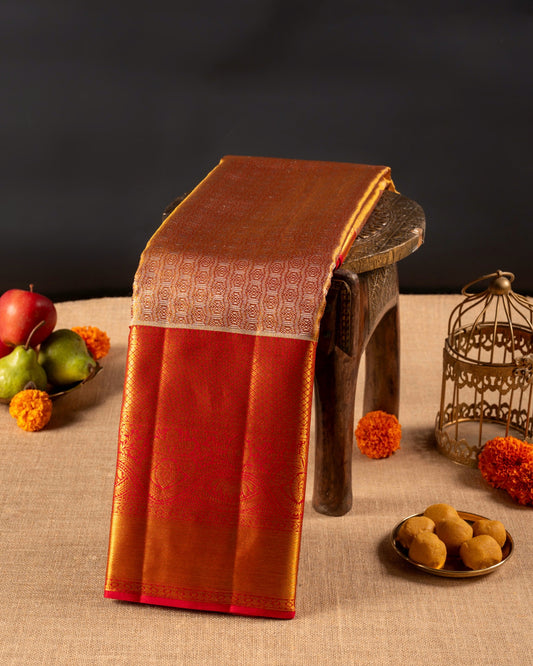 Red and Gold Pure Tissue Silk Saree with Zari Border & Rich Pallu