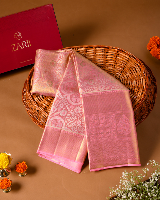 Baby Pink Pure Tissue Silk Saree with Intricate Floral Brocade & Rich Pallu