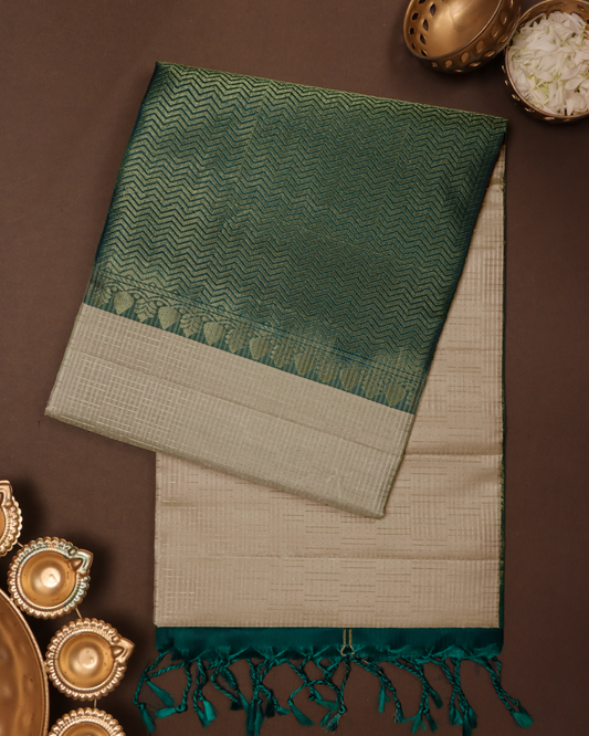 Cream Handloom Soft Silk Saree with Subtle Woven Stripes & Green Contrast Pallu