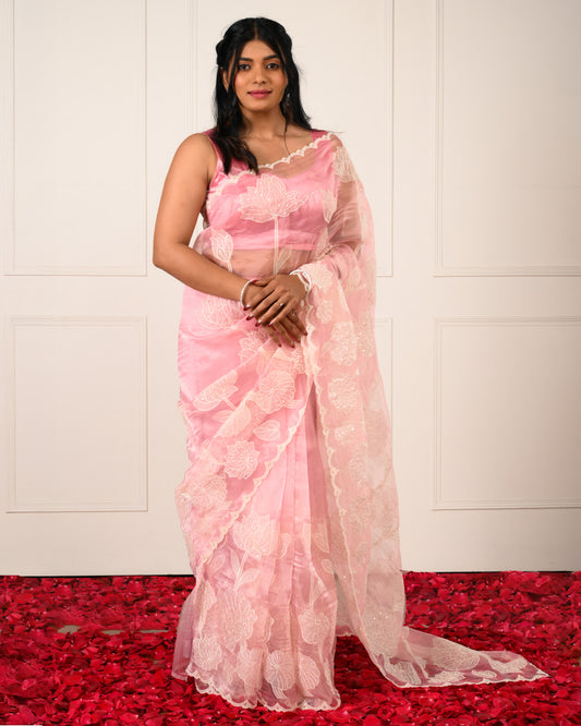 Noor-e-Gul - Pastel Pink Floral Glass Tissue Saree with Pearl & Sequin Embellishments