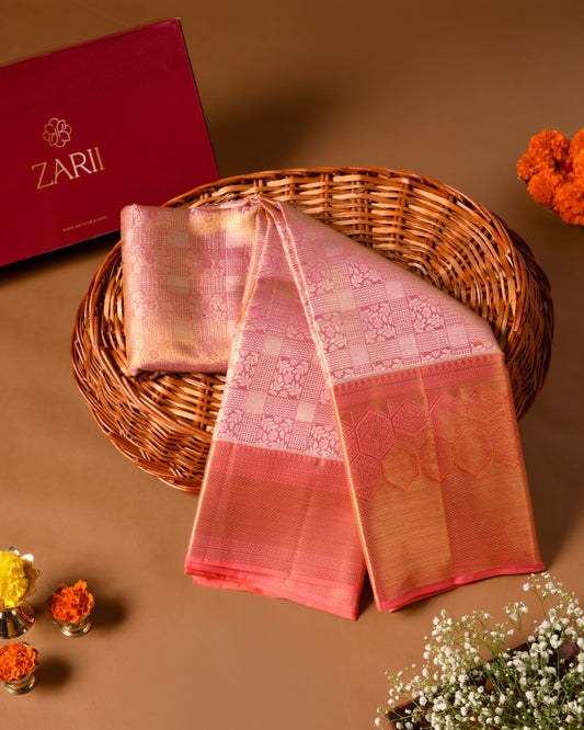 Pink Pure Tissue Silk Saree with Checks, Floral Motifs & Honeycomb Inspired Border