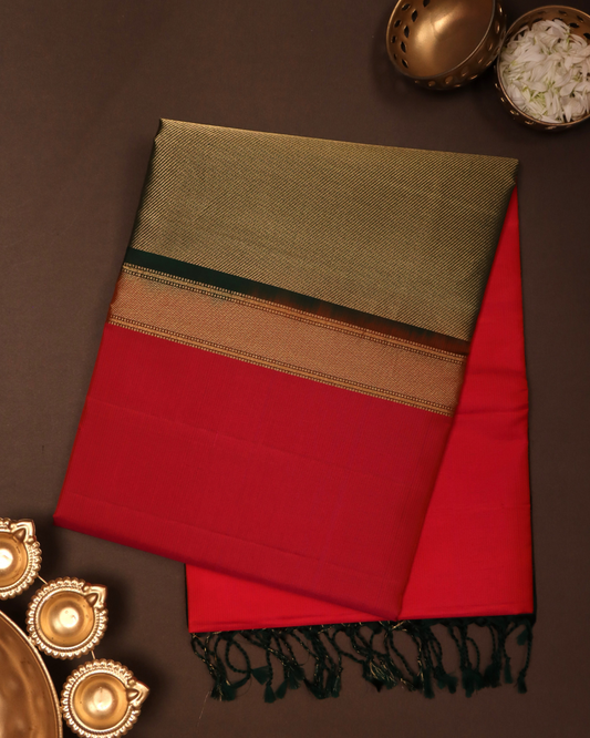 Crimson Red and Antique Gold Pure silk saree with Zari Borders