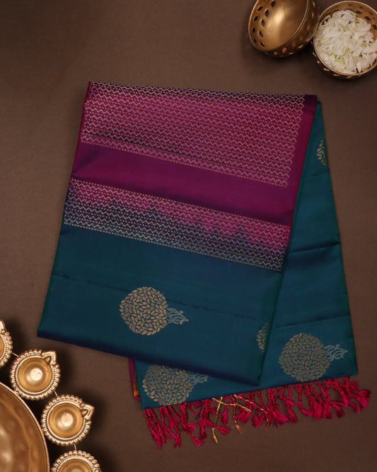 Dual-Tone Pure Silk Saree in Purple and Teal with Bold Zari Motifs