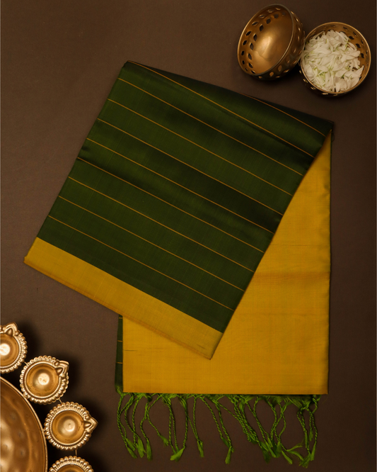 Vibrant Yellow Pure Handloom Silk Saree with Deep Green Contrast Border & Striped Pallu