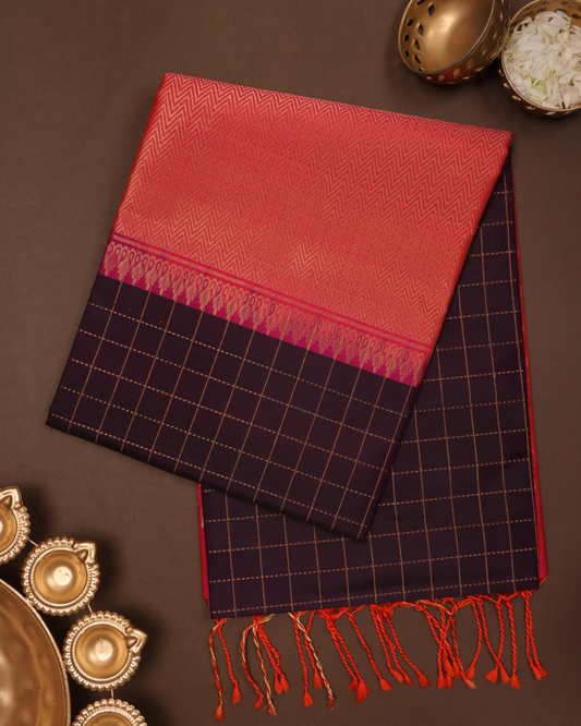 Blush Pink & Midnight Plum Pure Silk Saree with Woven Zari Checks