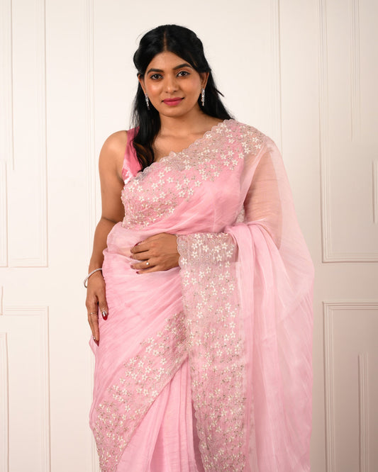 Nuraani – Pink Tissue Saree with Floral Thread Embroidery & Sequin Accents