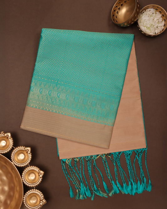 Aqua Teal & Champagne Beige Pure Silk Saree with Textured Zari Borders