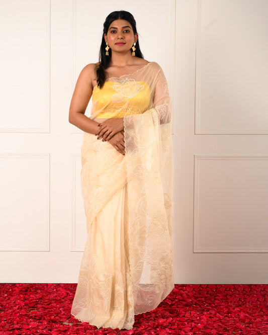 Goldust – Beige Pure Organza Saree with Floral Appliqué Embroidery