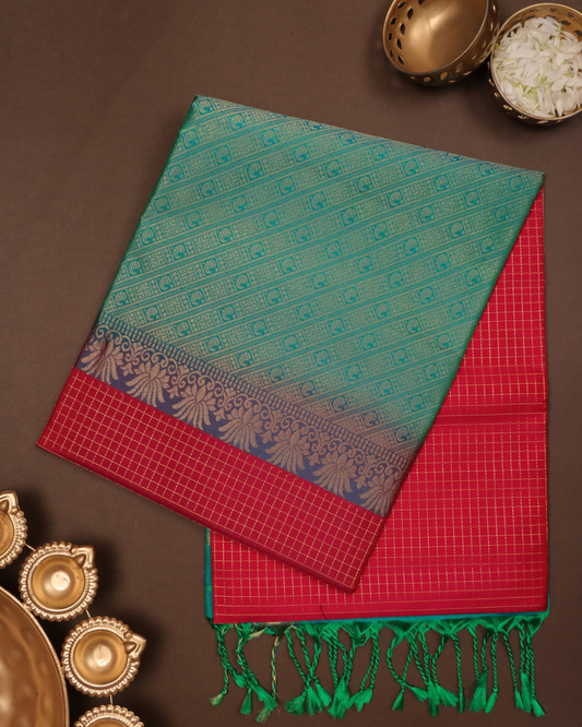 Teal and Red Checkered Pure Silk Saree with Zari Elegant Motifs