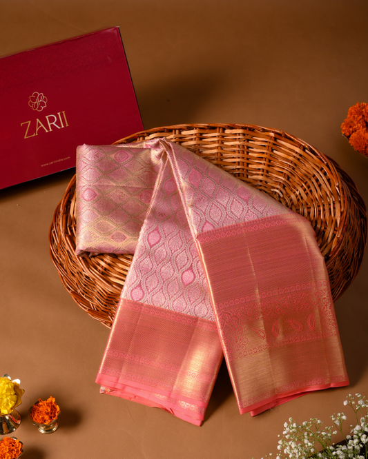 Pastel Pink Pure Tissue Silk Brocade Saree with Floral Motifs & Rich Pallu