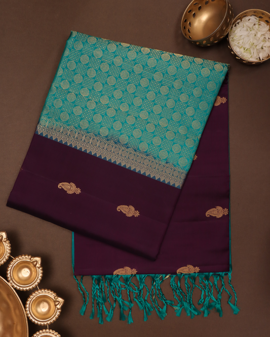 Teal Blue & Plum Purple Pure Silk Saree with Zari Motifs