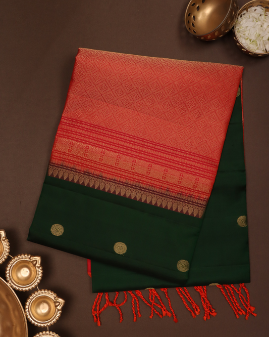 Coral Red & Deep Green Pure Silk Saree with Zari Butta