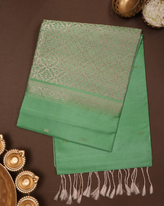 Pista Green & Antique Gold Pure Silk Saree with Zari Accents