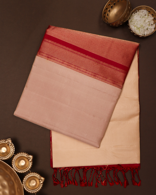 Red and Ivory Pure Silk Saree with Zari Border