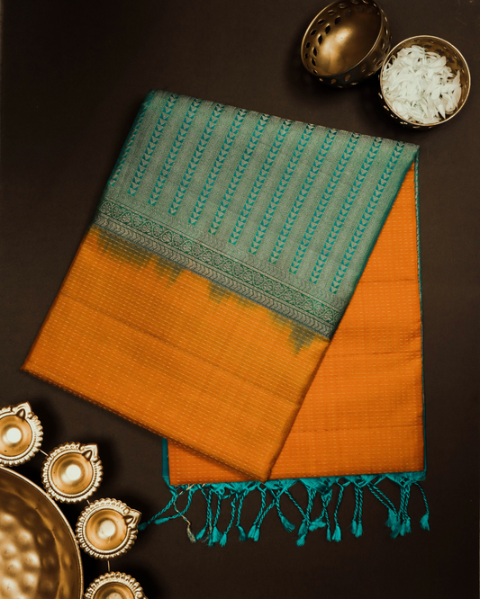 Bright Yellow Handloom Soft Silk Saree with Raindrop Motifs & Deep Blue Contrast Pallu