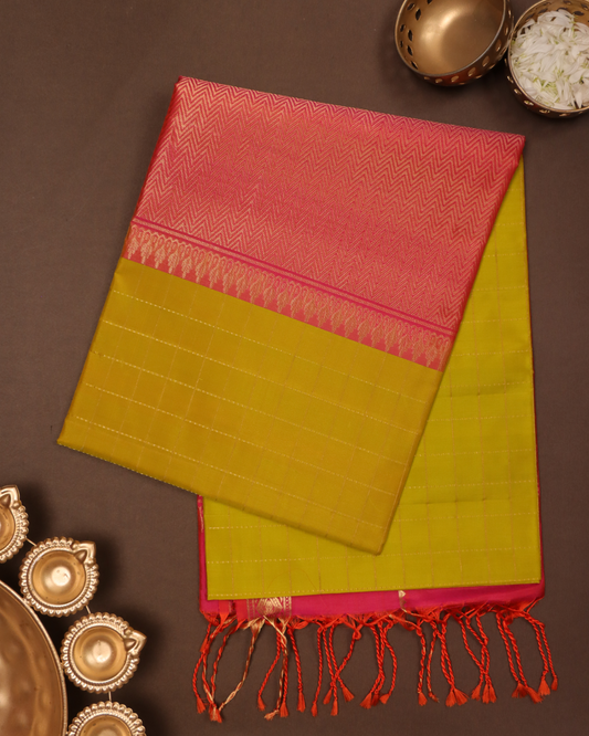 Olive Gold & Festive Pink Pure Silk Saree with Zigzag Zari Accents