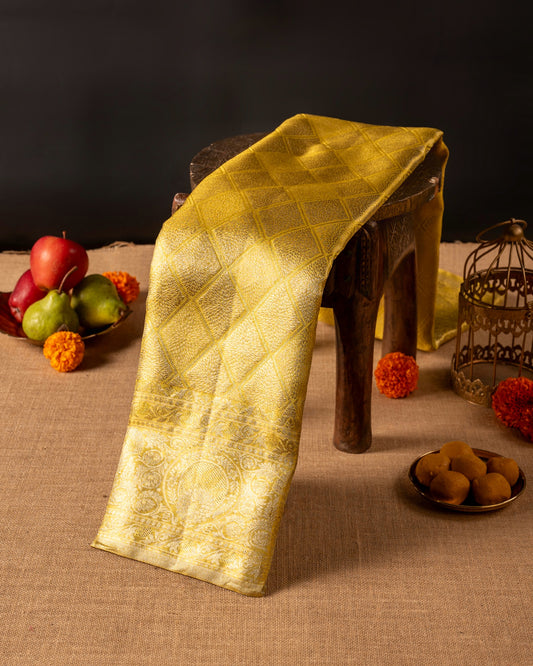 Lemon Yellow-Gold Tissue Pure Silk Saree with Diamond Weave & Turning Border