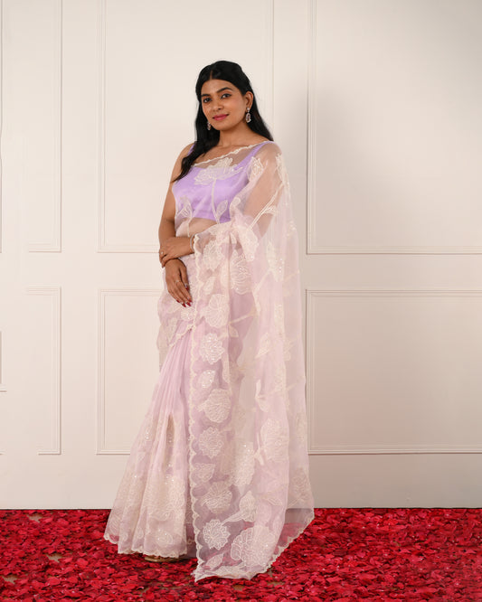 Noor-e-Gul - Lilac Floral Glass Tissue Saree with Pearl & Sequin Embellishments