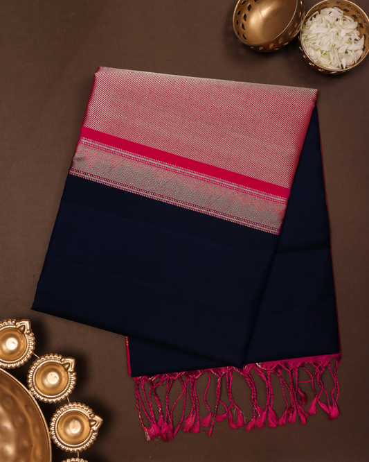 Navy Blue and Magenta Pure Silk Saree with Subtle Zari Weave