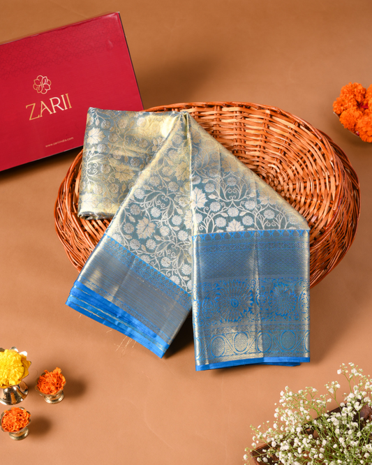 Blue Tissue Silk Saree with Intricate Weave & Rich Pallu
