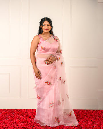 HUM – Blush Pink Organza Saree with Floral Embroidery and Scalloped Pearl Border