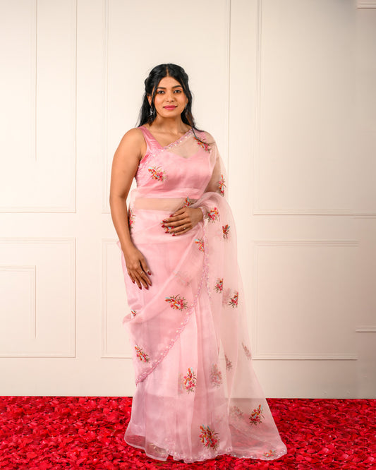 HUM – Blush Pink Organza Saree with Floral Embroidery and Scalloped Pearl Border