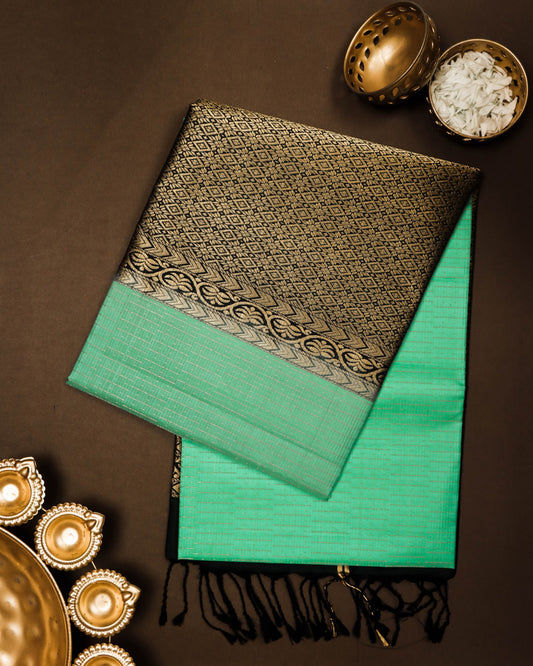 Light Green Handloom Soft Silk Saree with Subtle Stripes & Dark Green Contrast Pallu