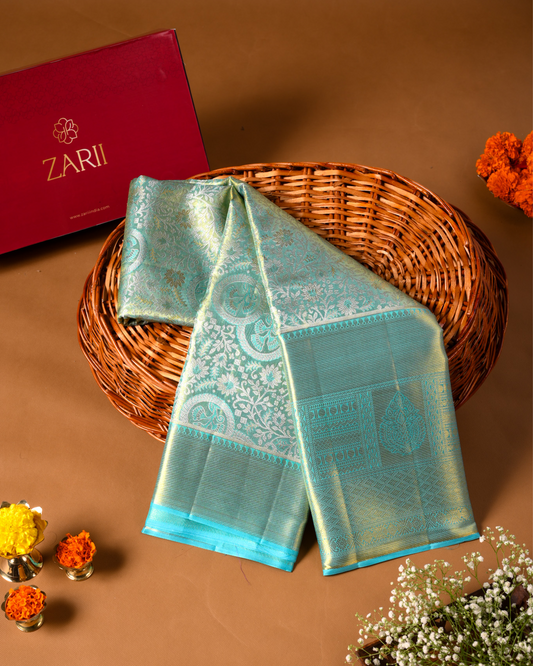 Pastel Blue Pure Tissue Silk Saree with Intricate Floral Weave & Rich Pallu