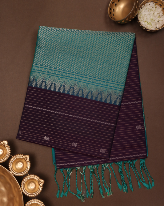 Teal & Deep Plum Pure Silk Saree with Diamond Zari Weave
