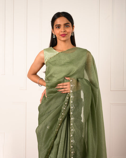 Tanzira – Green Crushed Chiffon Saree with Kardana, Pearl & Sequin Hand Embroidery