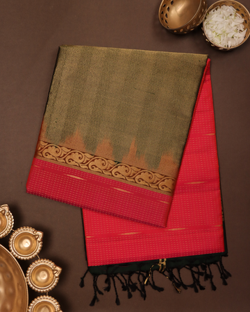 Dark Pink Handloom Soft Silk Saree with Dark Green Contrast Border & Pallu