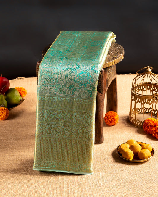 Light Green Pure Tissue Silk Saree with Intricate Motifs & Rich Pallu