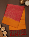 Fiery Vermilion and Marigold Pure Silk Saree with Traditional Zari Geometry