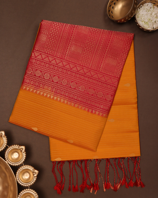 Fiery Vermilion and Marigold Pure Silk Saree with Traditional Zari Geometry
