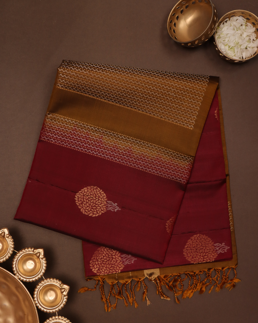 Maroon & Antique Gold Pure Silk Saree with Ornate Zari Motifs