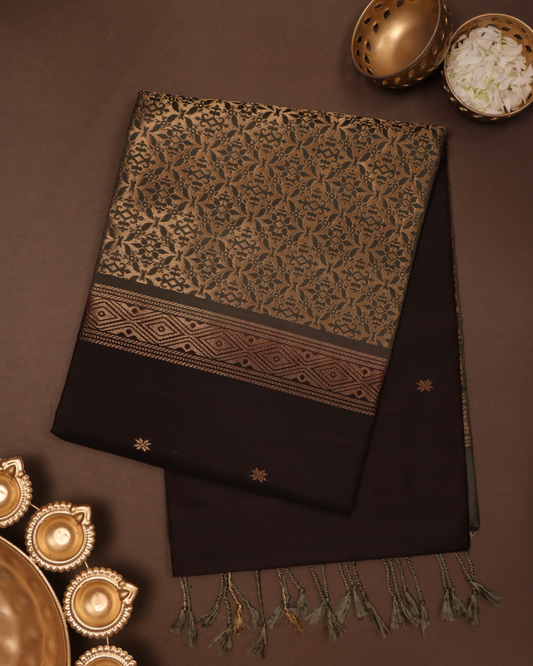 Antique Gold & Deep Coffee Pure Silk Saree with Zari Motifs