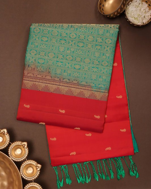 Teal Green & Vermilion Red Pure Silk Saree with Zari Butta