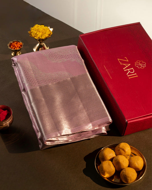 Pastel Pink Pure Tissue Silk Saree with Floral Wave Motifs in Silver Zari