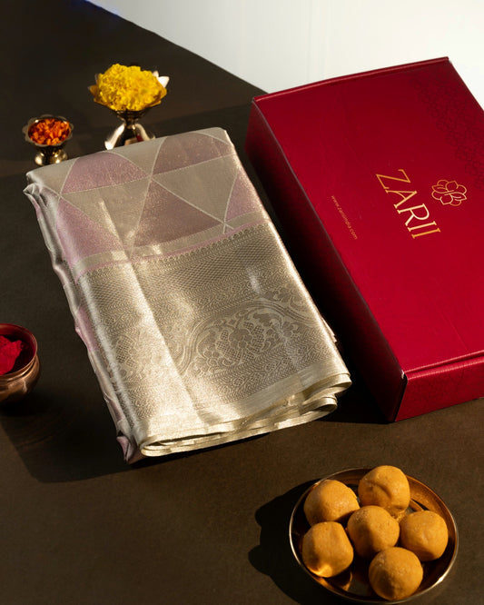 Silver Pure Tissue Silk Saree with Triangular Motifs and Neem Zari Accents