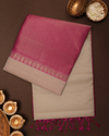 Beige Handloom Soft Silk Saree with Contrast Pink Border & Pallu
