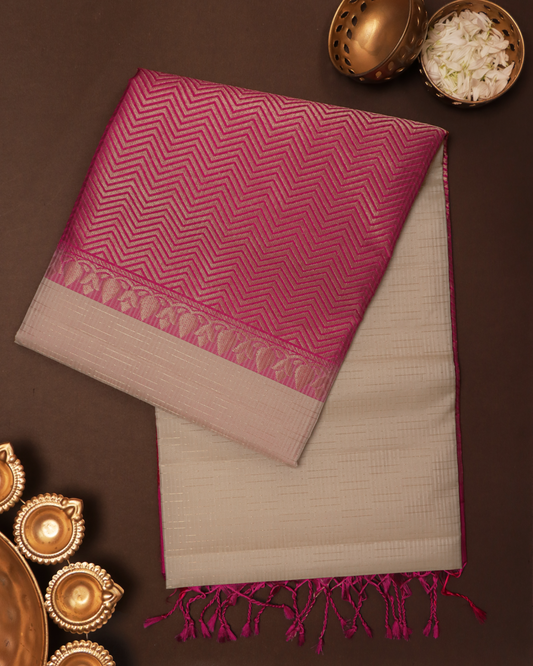 Beige Handloom Soft Silk Saree with Contrast Pink Border & Pallu