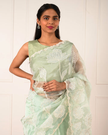 Noor-e-Gul - Mint Green Floral Glass Tissue Saree with Pearl & Sequin Embellishments