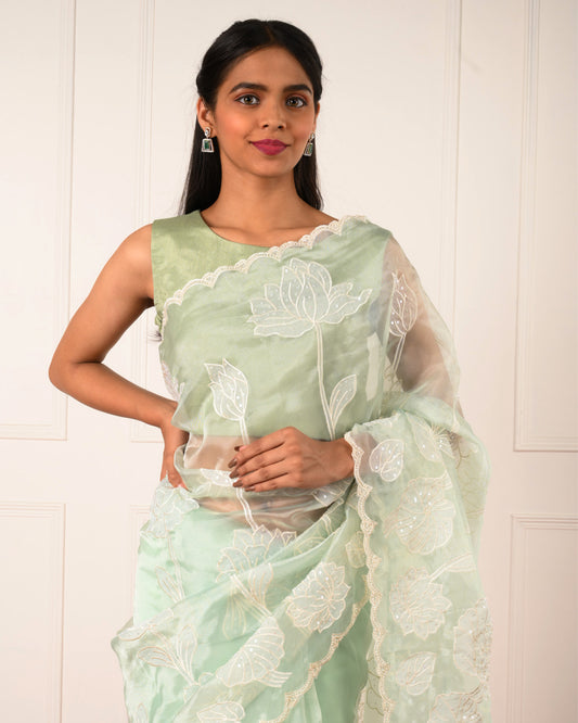 Noor-e-Gul - Mint Green Floral Glass Tissue Saree with Pearl & Sequin Embellishments