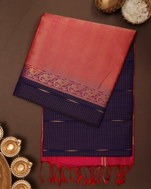 Deep Blue Handloom Soft Silk Saree with Subtle Stripes & Deep Pink Contrast Pallu
