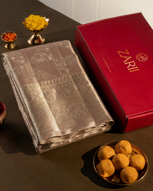 Silver Tissue Pure Silk Saree with Geometric Checks, Floral Motifs & Grand Pallu