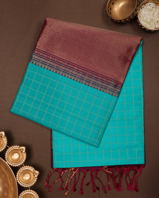Teal & Plum Maroon Pure Silk Saree with Gold Grid Weave