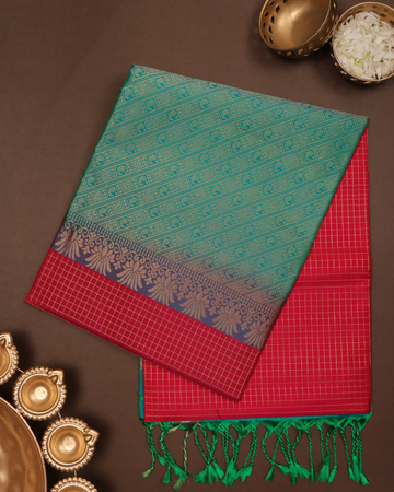 Teal and Red Checkered Pure Silk Saree with Zari Elegant Motifs