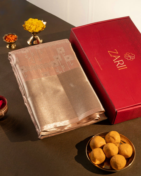 Pastel Pink Pure Tissue Silk Saree with Silver Geometric Weave and Subtle Silver Border