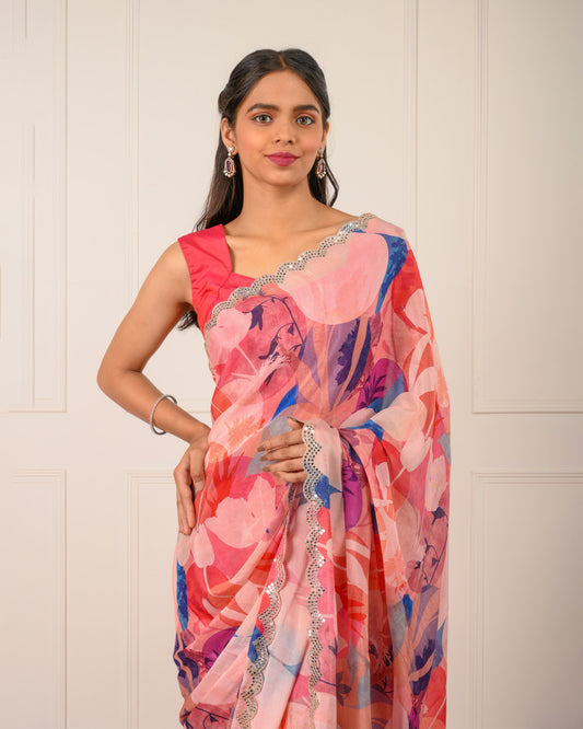 Nazaaraa – Crushed Chiffon Digital Print Saree with Mirror Scallop Work